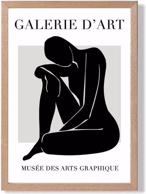 ARTZE Matisse Nude Abstract Framed Print in Black, Grey and White with Oak Wood Frame, A3 – 1
