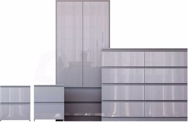 Vida Designs Glinton 4 Piece Grey Glossy Bedroom Set including Wardrobe, 8 Drawer Chest and 2 Bedside Tables
