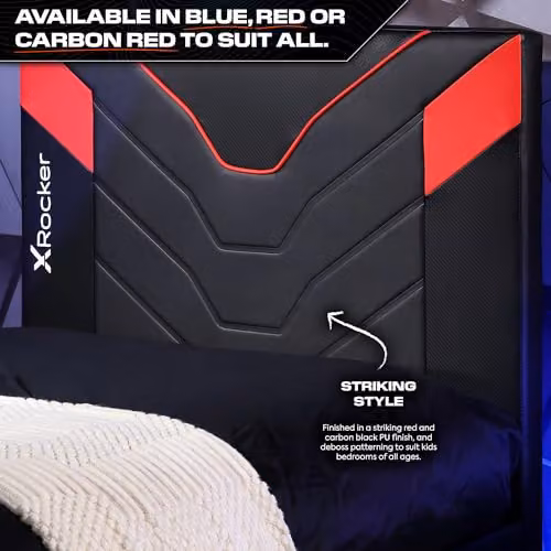X Rocker Cerberus Twist Gaming TV Bed Frame with Underbed Storage and Side Compartments, Upholstered Faux Leather, Red and Black, W/D/H: 90 x 190 x 108 cm – 3