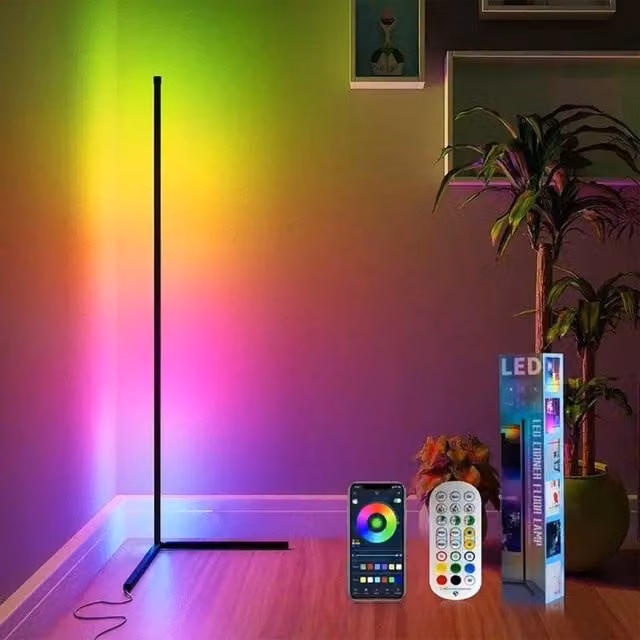 EONLION Smart LED Corner Floor Ambient Lamp with Remote Control and Bluetooth, Black, Height: 142 cm