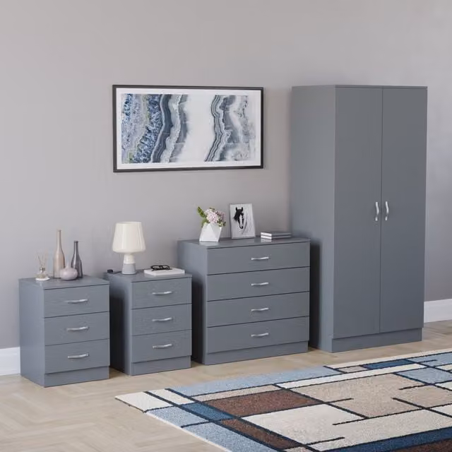 Vida Designs Riano 4 Piece Modern Grey Bedroom Set including 2 x 3 Drawer Bedside Chests, 4 Drawer Chest and 2 Door Wardrobe