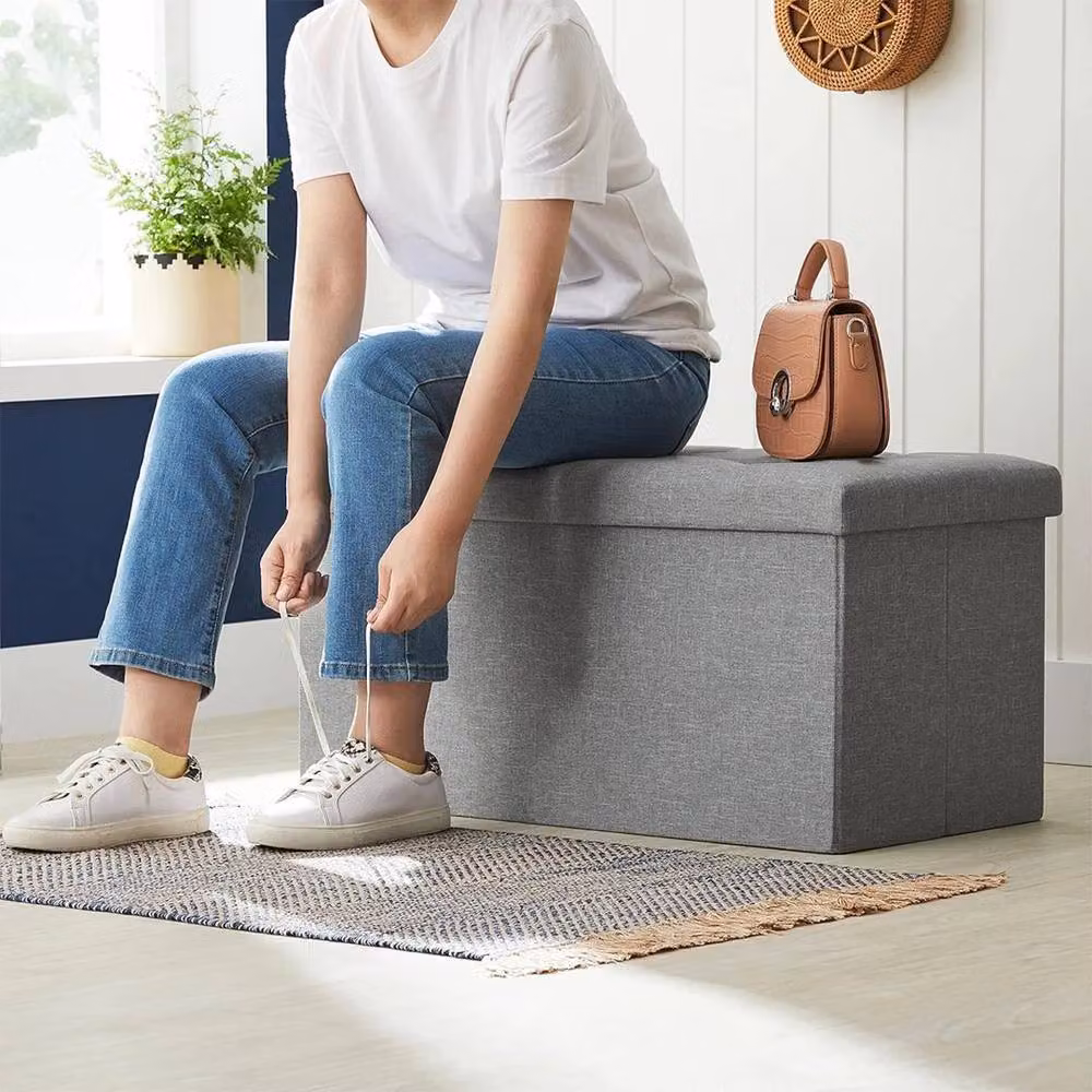 SPETLEK Folding Ottoman Storage Box in Grey Fabric and Linen – 4