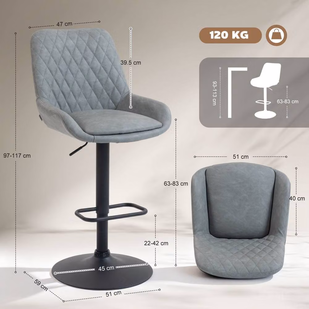 Wyld Haus Taraneno Set of 2 Retro Adjustable Bar Stools in Light Grey Faux Leather – 4