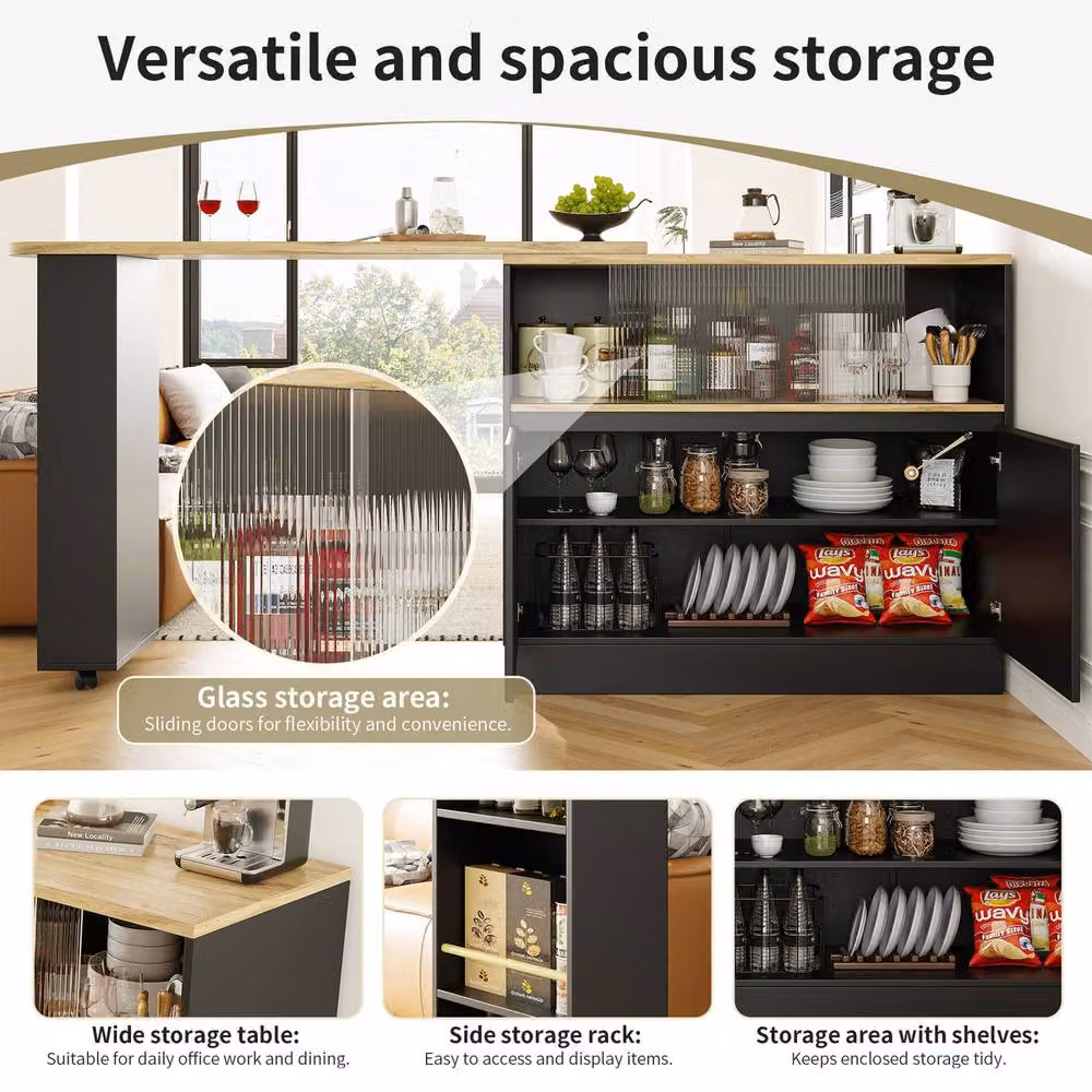 Rolipo Modern Black Dining Bar Cabinet with Glass Doors and 360 Swivelling Castors – 5