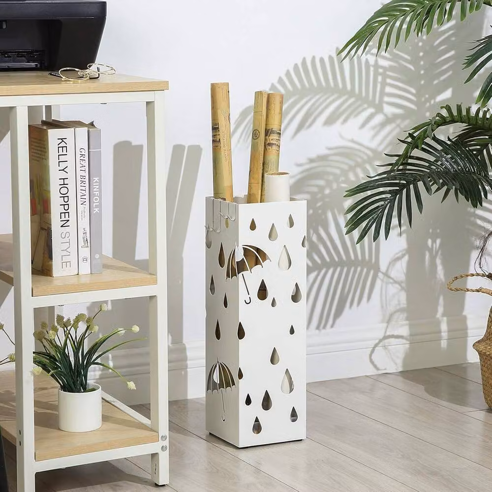 The Bazaarist Metal Umbrella Holder with Removable Drip Tray and Shelf, White – 2