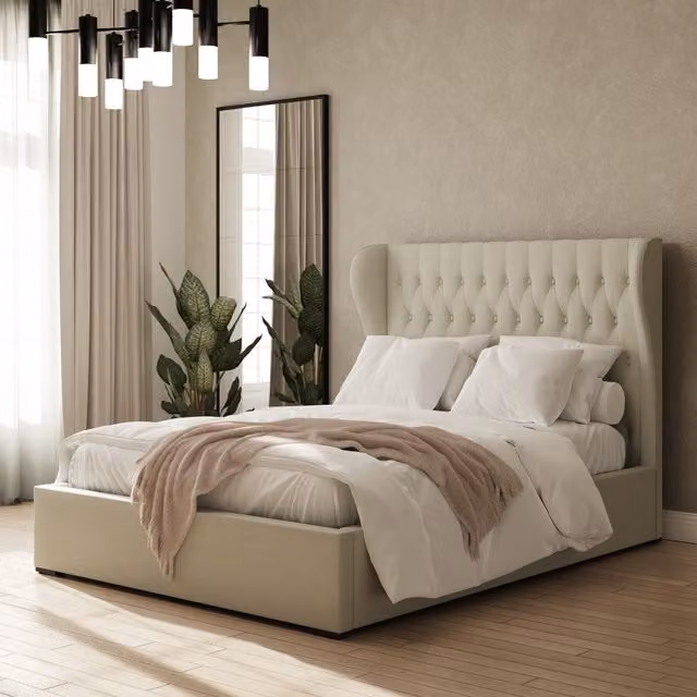 GFW Winged Headboard Ottoman Storage Bed in Sand Velvet, King Size – 2