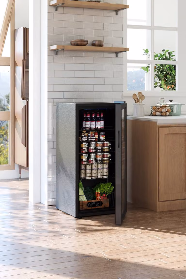 Living and Home Freestanding Compact Refrigerator with Glass Door and LED Interior Light in Black