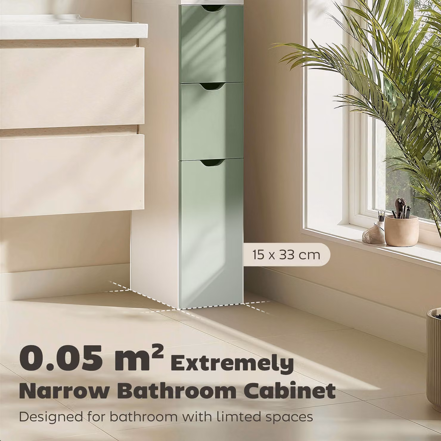 HOMCOM Slim Bathroom Storage Cabinet with 2-Tier Shelf and 2 Drawers, White and Light Green – 3
