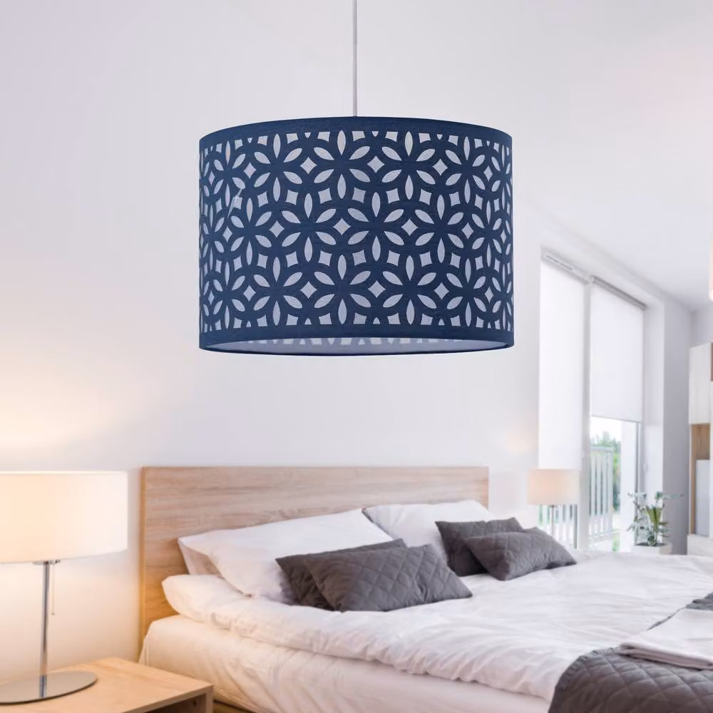 First Choice Lighting Navy Blue Laser Cut Fabric Cylinder Pendant Light Shade, Diameter: 30 cm – 5