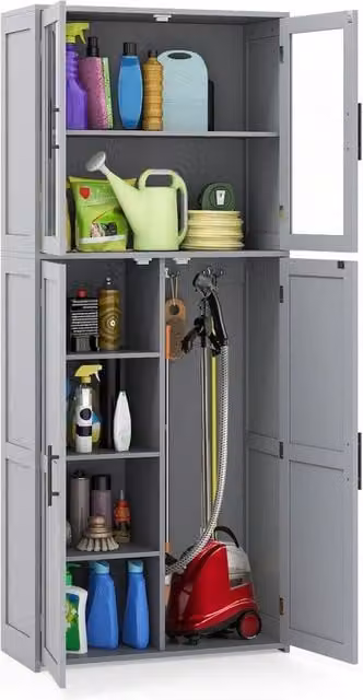 Kelvenix Modern Grey Freestanding Broom and Utility Storage Cabinet with Glass Doors and Internal Shelves