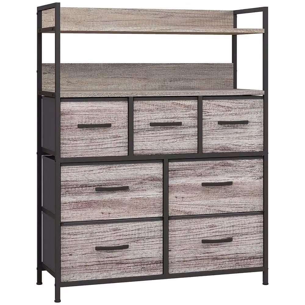 Wyld Haus Norale 7 Drawer Fabric Dresser in Grey Wood Effect with Open Shelves – 2