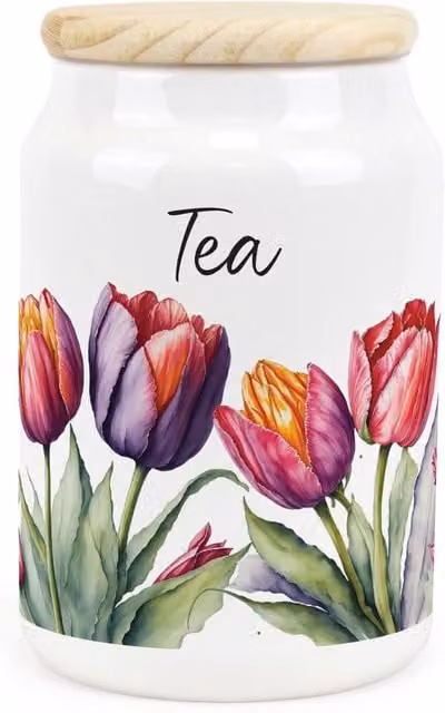 Purely Home Floral Tulips Ceramic Tea Storage Canister in Purple and White