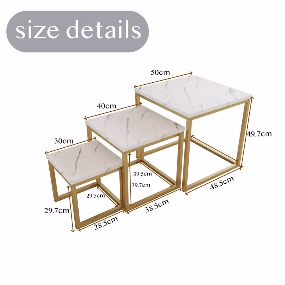 VOGREX Set of 3 Square Nesting Tables with White Marble Effect MDF Tops and Golden Metal Frames – 2