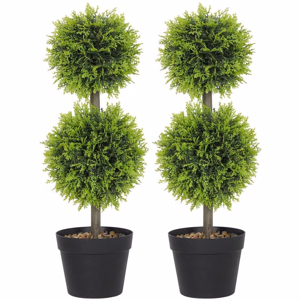 Wyld Haus Leka Fadi Set of 2 Green Artificial Boxwood Double Ball Topiary Trees, Height: 60 cm – 2