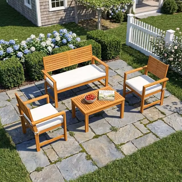 Outsunny 4 Seater Acacia Wood Garden Furniture Set with Cream Cushions