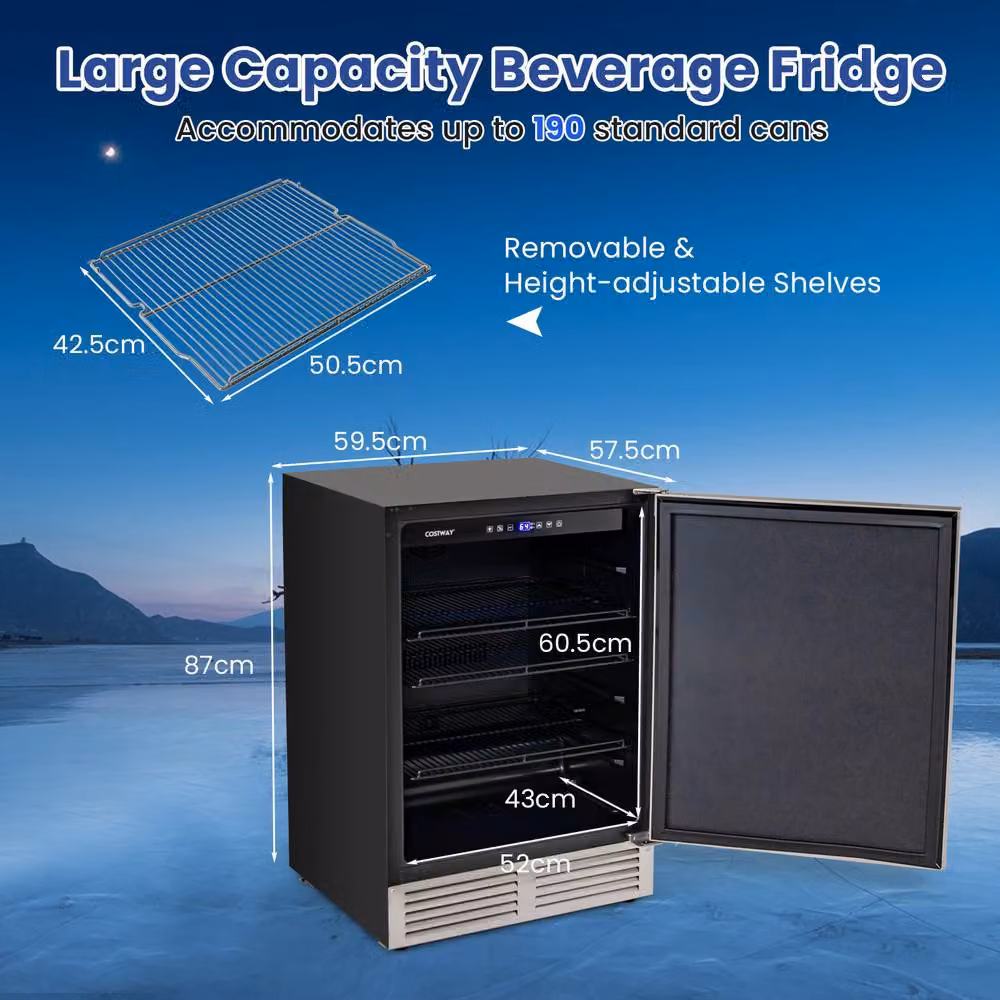 Costway 140L Beverage Fridge with 190 Can Capacity, Multicolour Under Counter Cooler with Compressor and LED Interior Light – 9