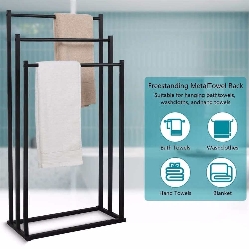 Nordara Black 3-Tier Freestanding Metal Towel Rail Rack, Matt Black, H 86 x W 44 x D 21 cm – 2