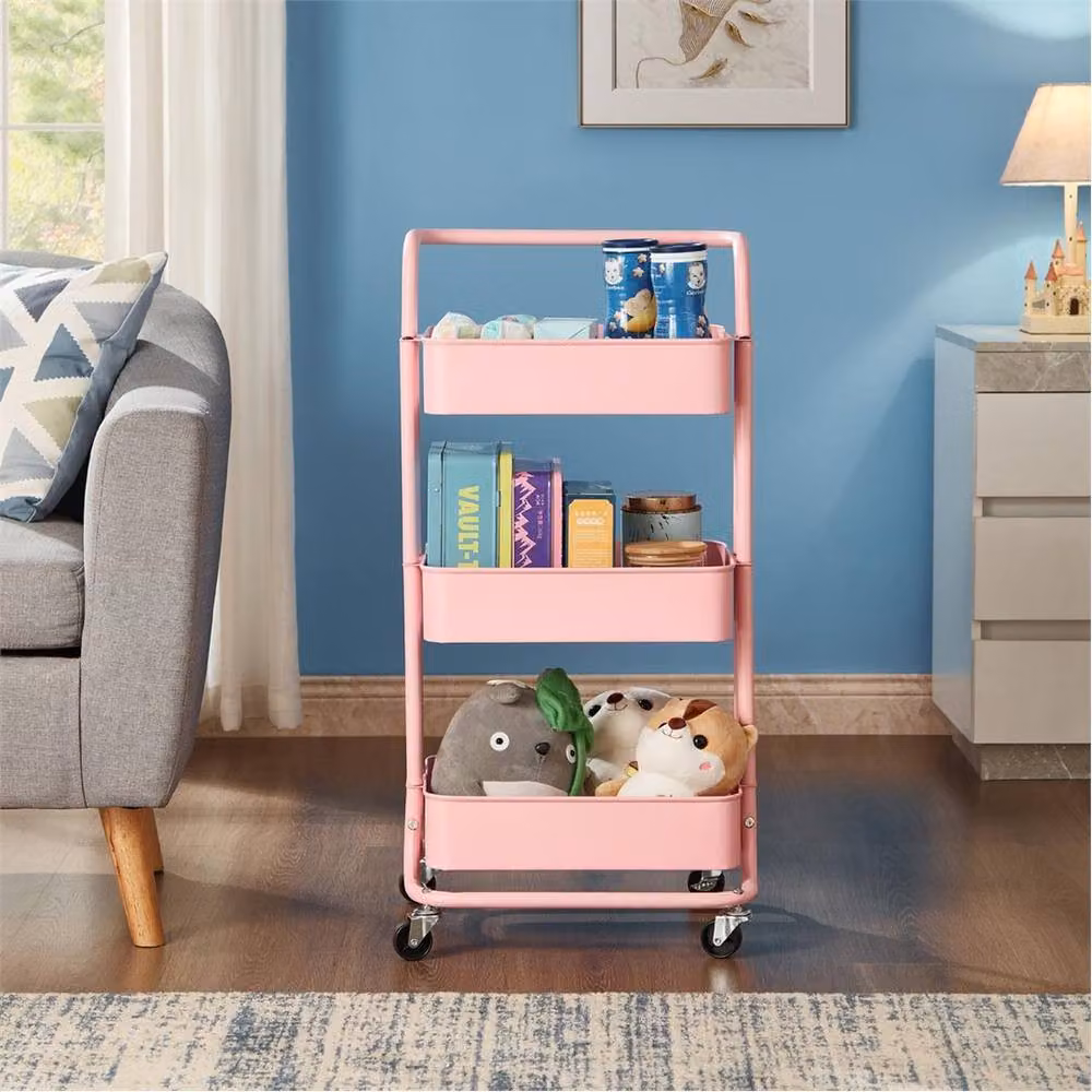 Nordara Pink 3 Tier Metal Kitchen Storage Trolley Cart with Wheels – 3