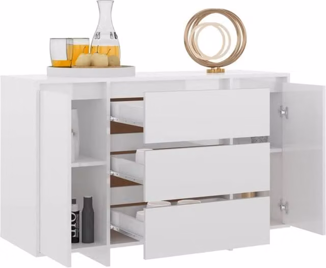 Berkfield Home Modern High Gloss White Sideboard with 3 Drawers, W/D/H: 120 x 41 x 75 cm