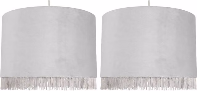 First Choice Lighting Set of 2 Silvery Grey Velvet Easy Fit Pendant Shades with Fringe Detail, Diameter: 38 cm
