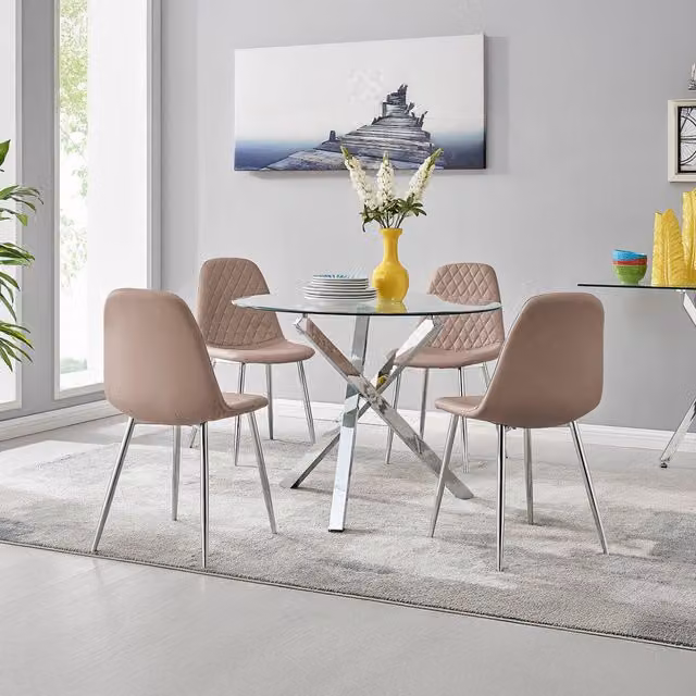 FurnitureboxUK Selina Chrome Round Glass Dining Table and 4 Corona Silver Faux Leather Chairs in Cappuccino