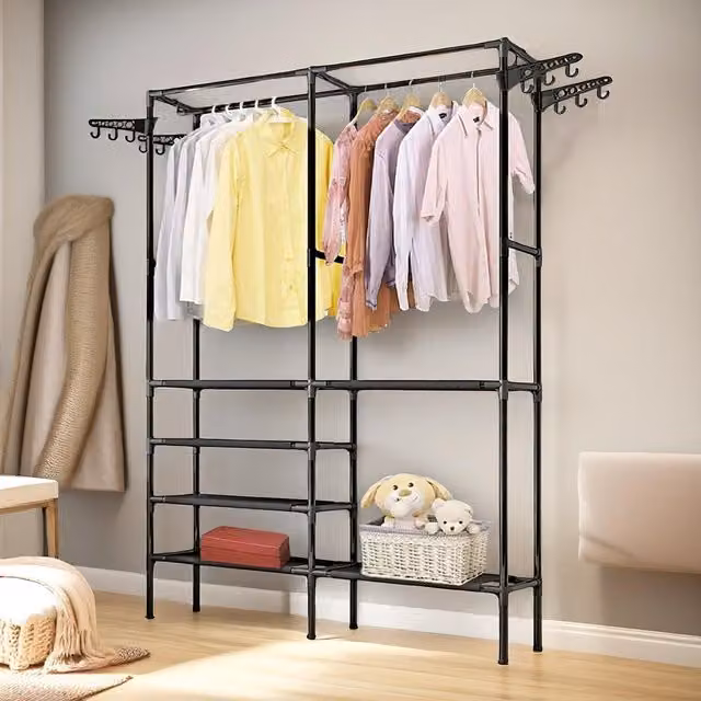 Pirlo Plush Heavy Duty Metal Clothes Rail Open Wardrobe in Matt Black, H 174 cm x W 86 cm x D 44 cm – 1