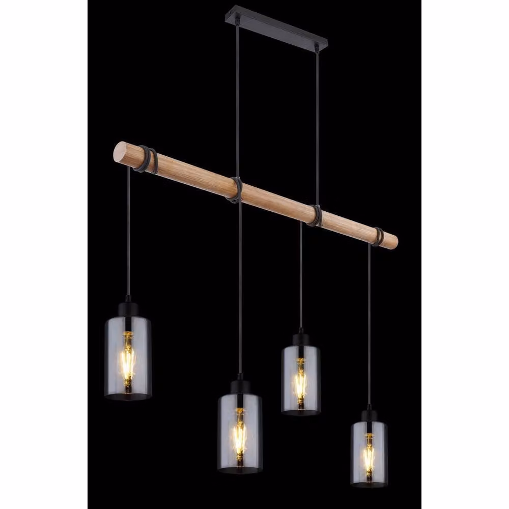 Netlighting Hadera Wood Bar Pendant Light with Matt Black and Smoke Glass Shades, 4x E27 – 2