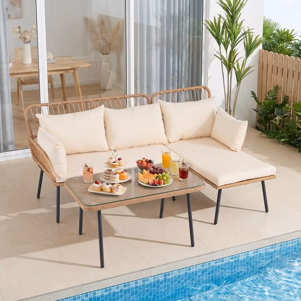Gymax 3 Piece L-Shaped Patio Furniture Set with Upholstered Sectional Sofa, Coffee Table and Cushions in Beige Polyrattan – 4