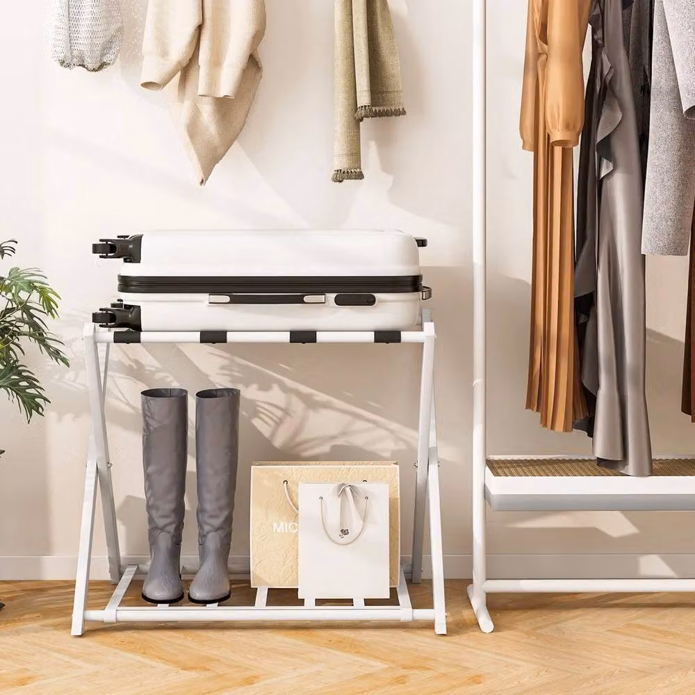 VOGREX Folding Suitcase Stand Luggage Rack with Storage Shelf in White – 3