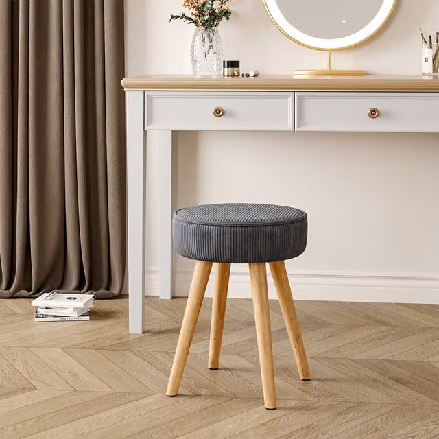 Livingandhome Grey Corduroy Round Cylindrical Footstool and Dressing Table Stool