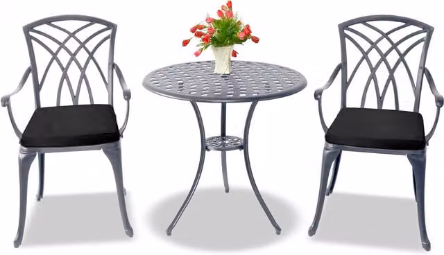 OSHOWA Grey Metal Outdoor Bistro Set with Table and 2 Chairs featuring Black Cushions