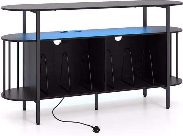 COSTWAY Modern Black Record Player Stand with Media Compartments and Integrated Lighting, Width: 140 cm
