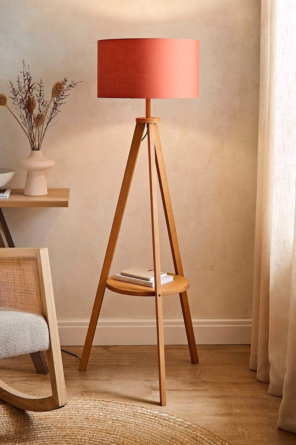 ValueLights Morrigan Vintage Wood Tripod Floor Lamp with Burnt Orange Fabric Cylinder Shade and Bulb Included – 2