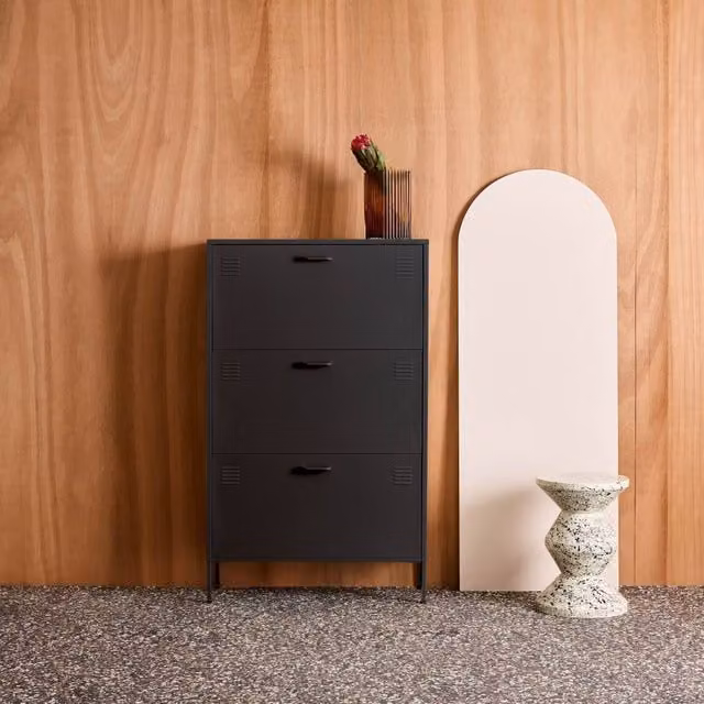 sweeek Industrial Metal Shoe Cabinet with Roll Shutter Doors and Tilting Compartments in Black and Beige, W/D/H: 80.0 x 29.0 x 132.5 cm – 1