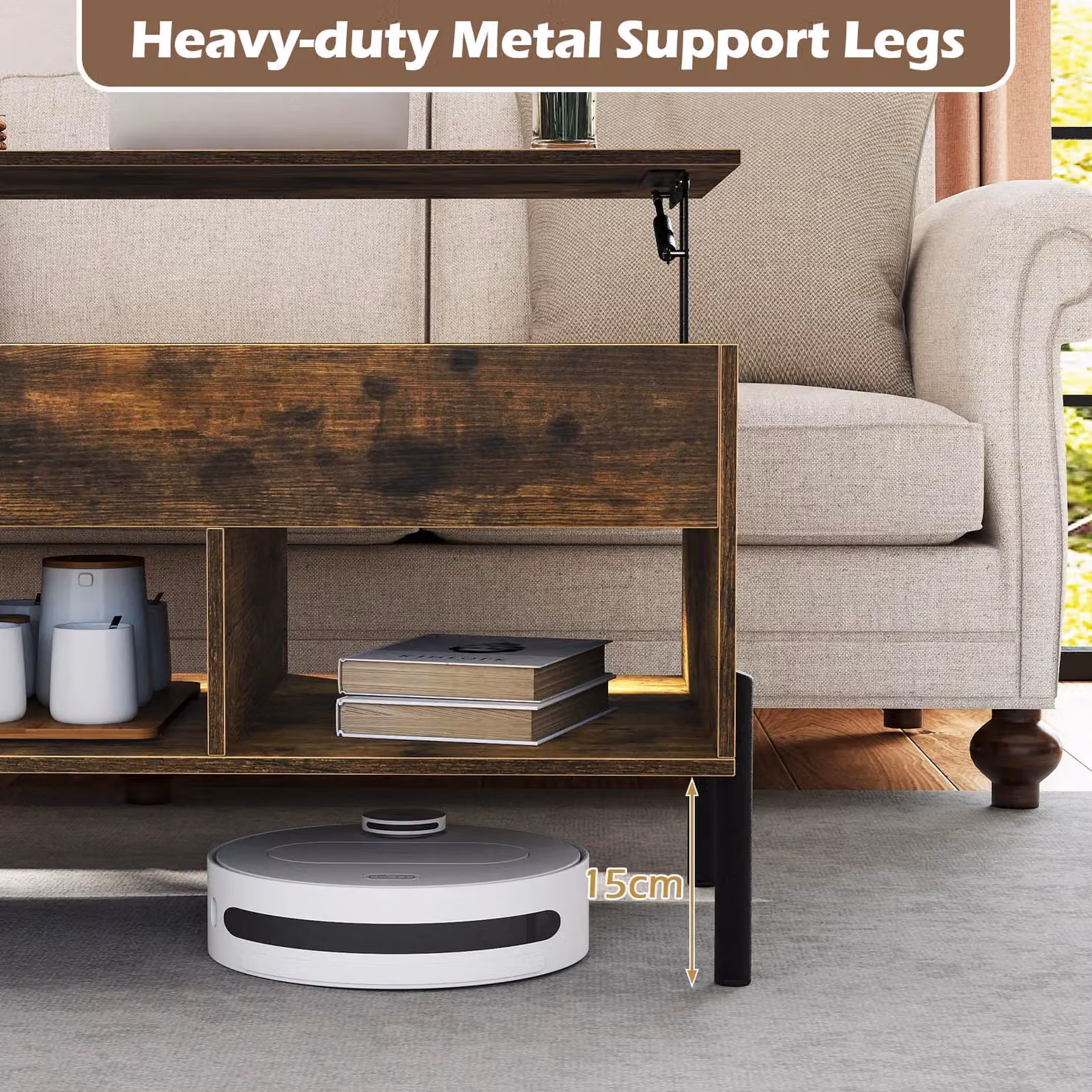 Gymax Modern Brown Lift-top Coffee Table with Metal Legs and MDF Laminate Finish – 5