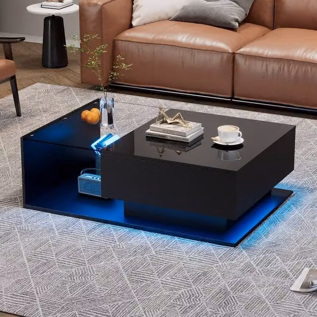 Merax High Gloss LED Coffee Table with Glass Shelf and Drawer in Black – 1