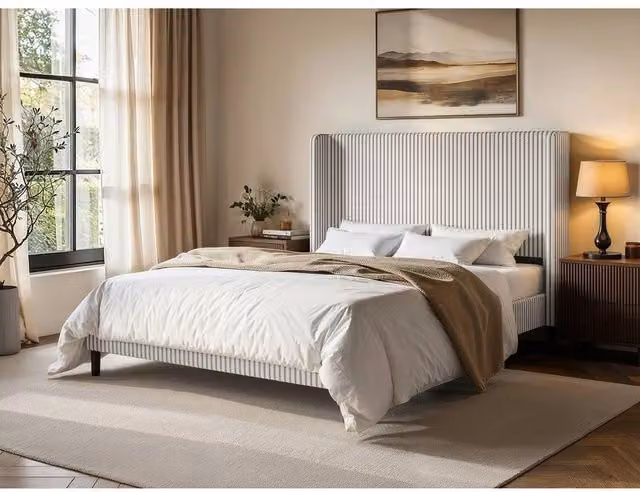 Solace+Co Jovanna Upholstered Fabric Bed with Winged Headboard in Brown, Size: 180 x 200 cm – 1