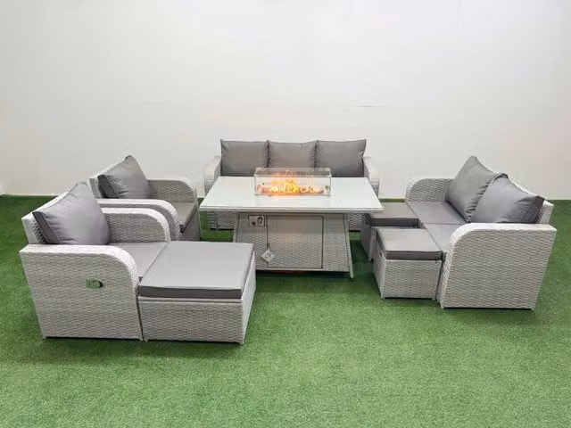 Fimous PE Rattan Garden Furniture Set in Light Grey with Reclining Chairs, Double Love Seat, Firepit Dining Table and 3 Stools