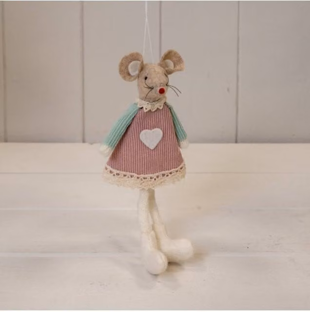 KDMD Pink Fabric Sitting or Hanging Mouse Figure with Green Sleeves