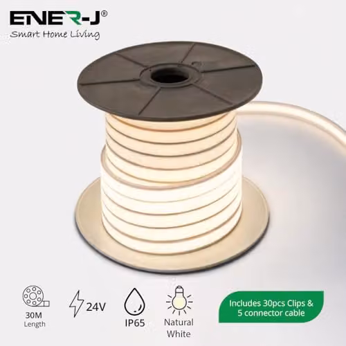 ENERJ 30m 24V Silicon Neon Flex LED Strip, White, IP65, 10 x 10 mm
