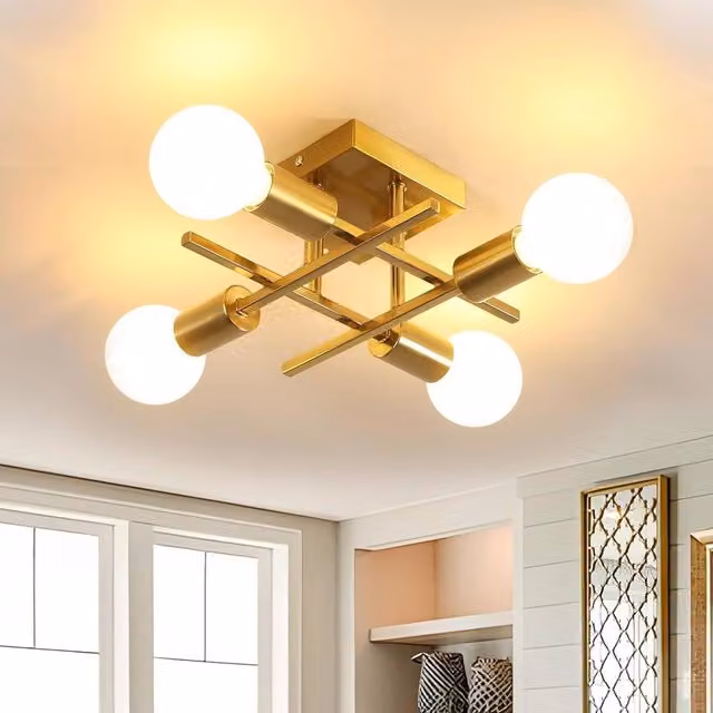 Pheashine Gold Sputnik Semi-Flush Ceiling Light with 28 cm Square Base and E27 Socket