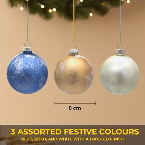 Shatchi 12-Piece Set of Classic Geometric Glass Baubles in Blue, Gold and White, Diameter: 8 cm – 5