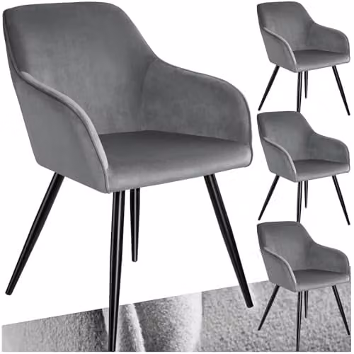 tectake Set of 4 Marilyn Dining Chairs in Grey Velvet with Black Metal Legs – 1