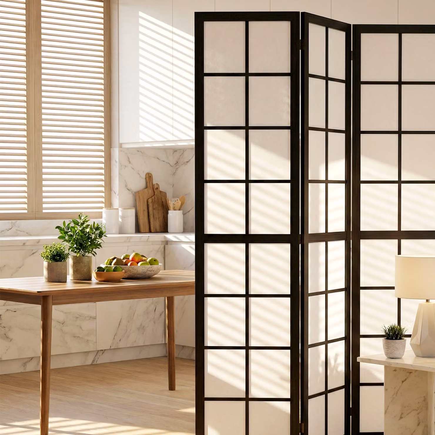 HOMCOM 4 Panel Folding Room Divider, Black Geometric Wood Privacy Screen – 8