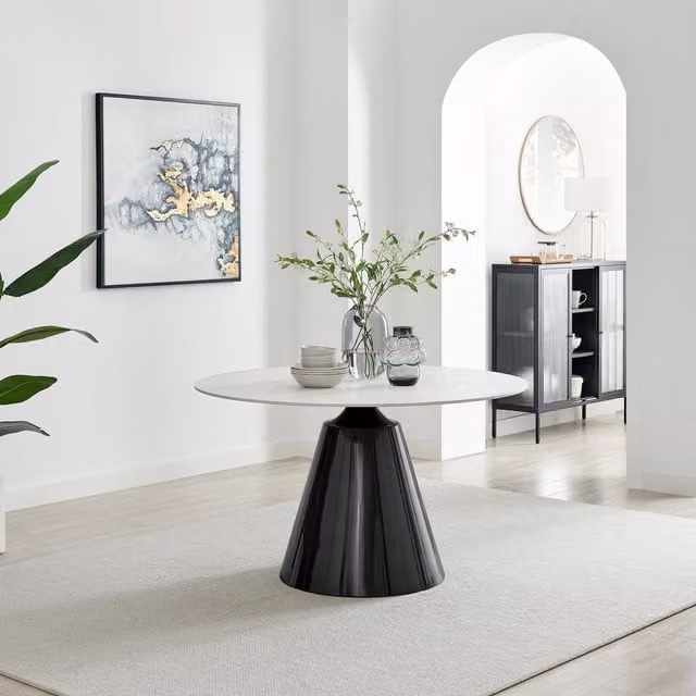 FurnitureboxUK Nina Round Ceramic Dining Table with White and Grey Marble Effect Matt Finish