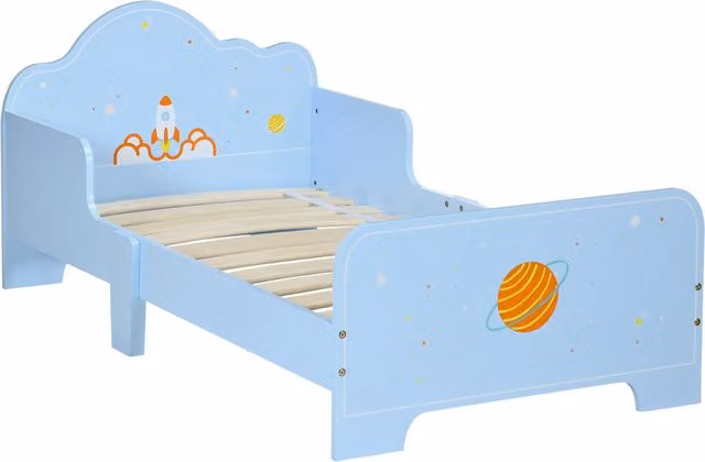 ZONEKIZ Toddler Bed with Rocket and Plant Patterns in Blue