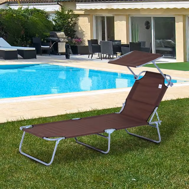 Outsunny Foldable Reclining Sun Lounger with Adjustable Sun Canopy in Brown