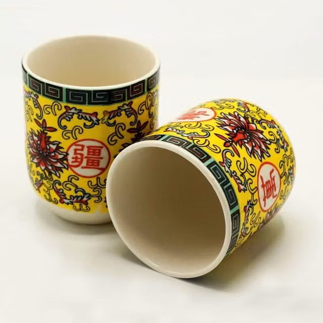 KDMK Yellow Ceramic Herbal Tea Cups with Oriental Design