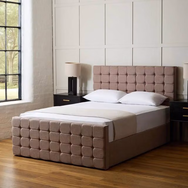 Paradise Beds Ltd Classic Ottoman Double Bed Set in Beige Fabric with Solid Wood Frame and Nightstand