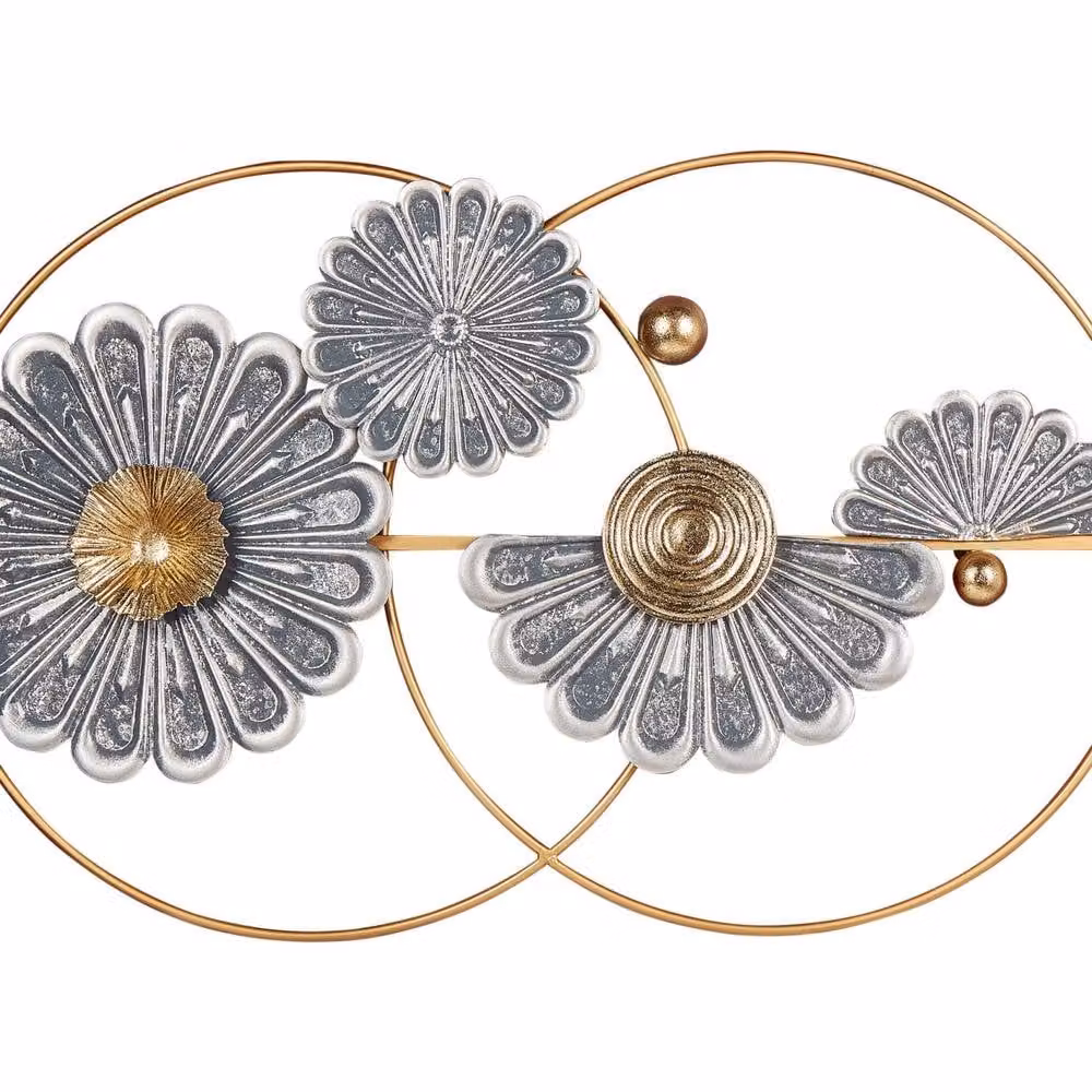 Wyld and Coco Handmade Gold and Grey Metal Wall Art with Geometric Floral Design and Two Round Circles – 2